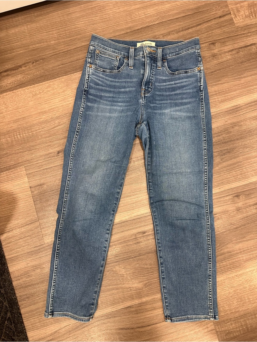 Madewell roadtripper stovepipe mid wash jeans